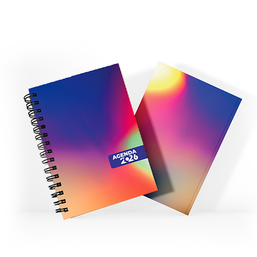 Agenda 2026 tamanho 15x21cm com capa dura em papel empastada com cartão e debrú laminação Prolan, lombada quadrada ou wire-o e miolo pronto